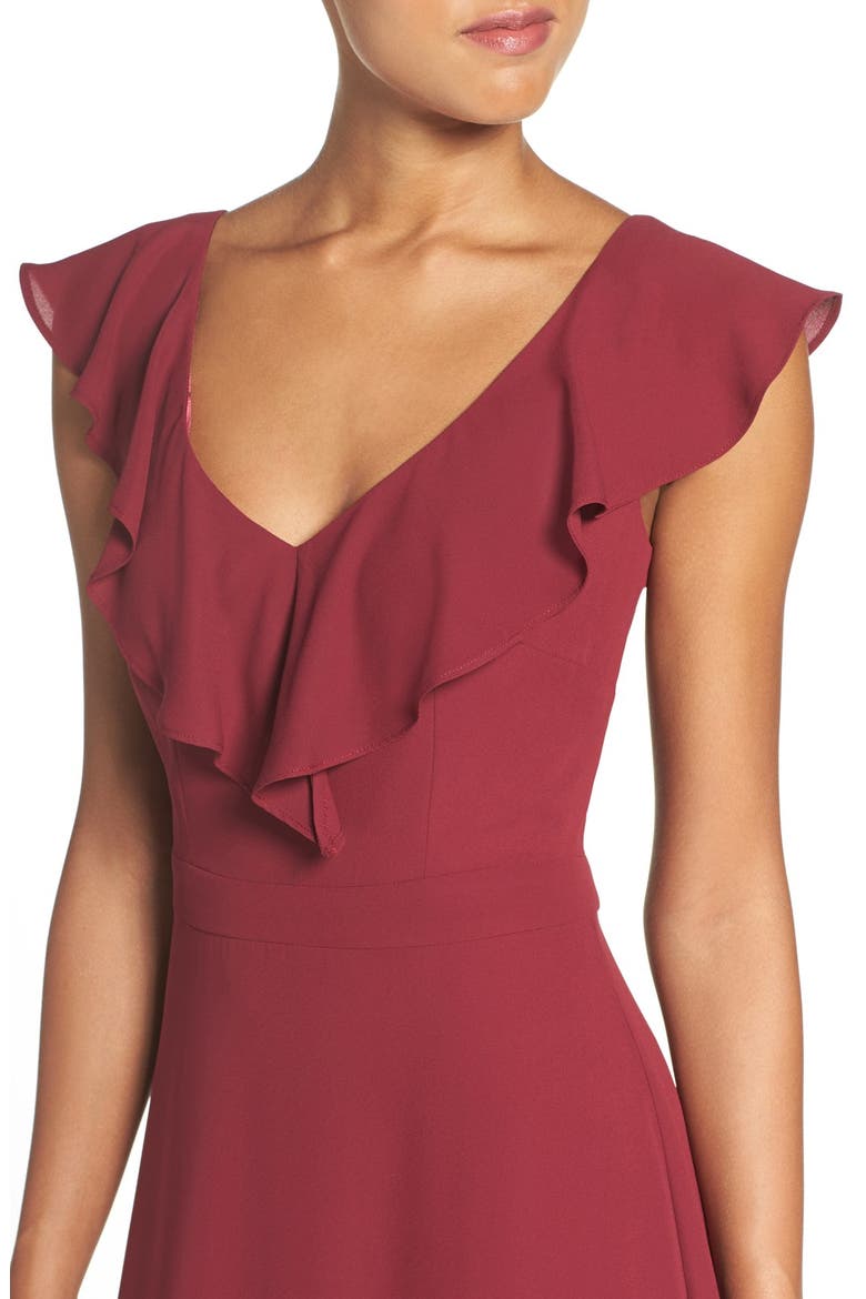 by Lauren Conrad Print Crepe Ruffle V-Neck Gown, Alternate, color, SPICED WINE
