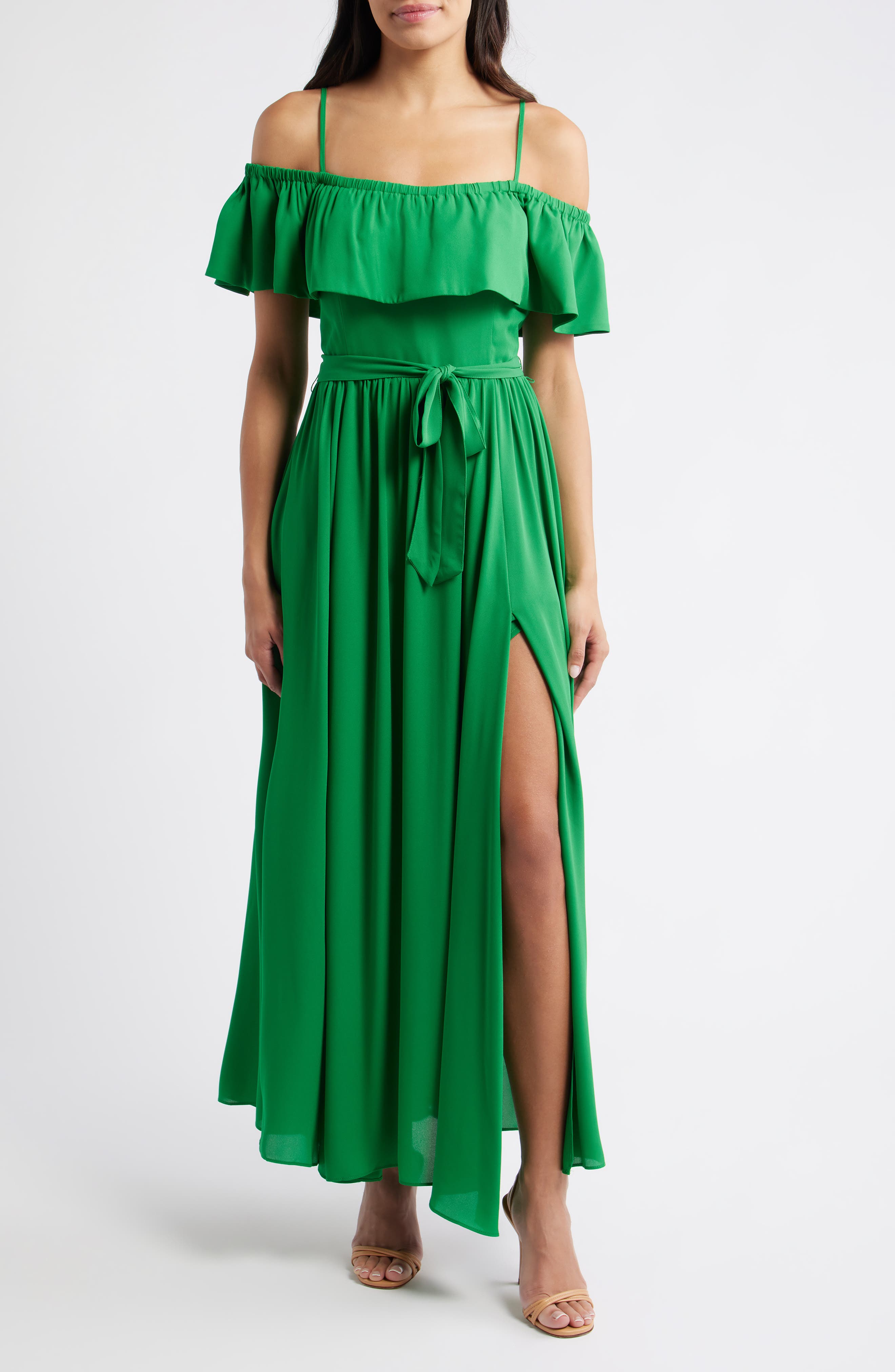 LAYERED WITH LOVE Cold Shoulder Tie Belt Maxi Sundress in Kelly Green 