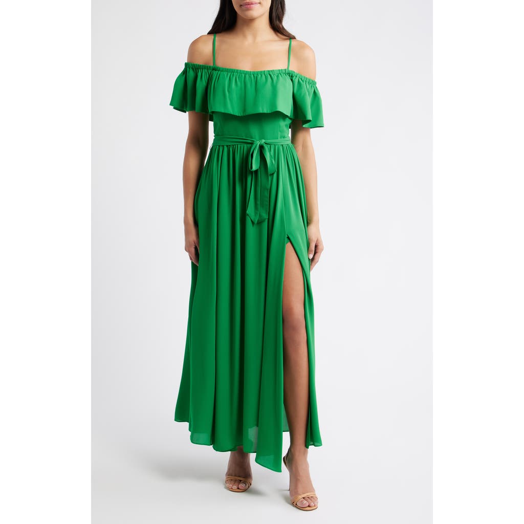 Layered With Love Cold Shoulder Tie Belt Maxi Sundress In Green