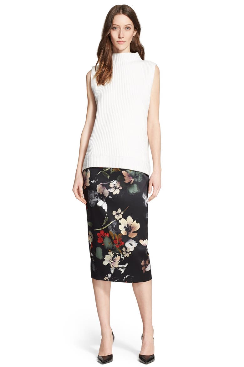 Floral Print Stretch Satin Pencil Skirt, Alternate, color, BLACK PAINTERLY FLORAL PRINT