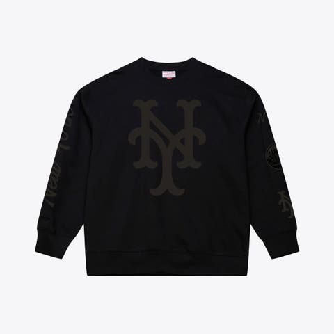 Men's Mitchell & Ness  Black New York Mets Phantom Fleece Crewneck Sweatshirt