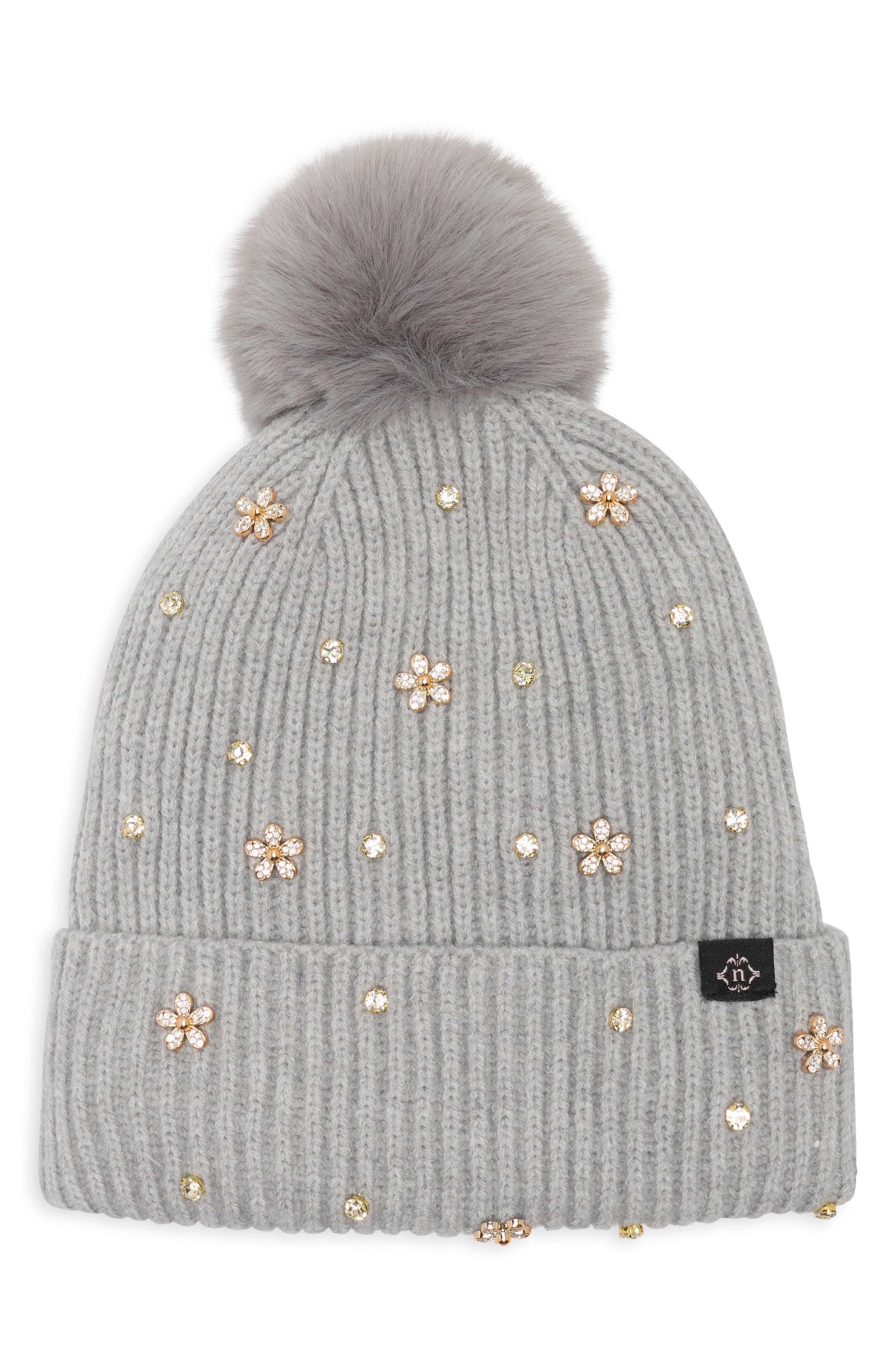 Studded Faux Fur Pom Beanie
