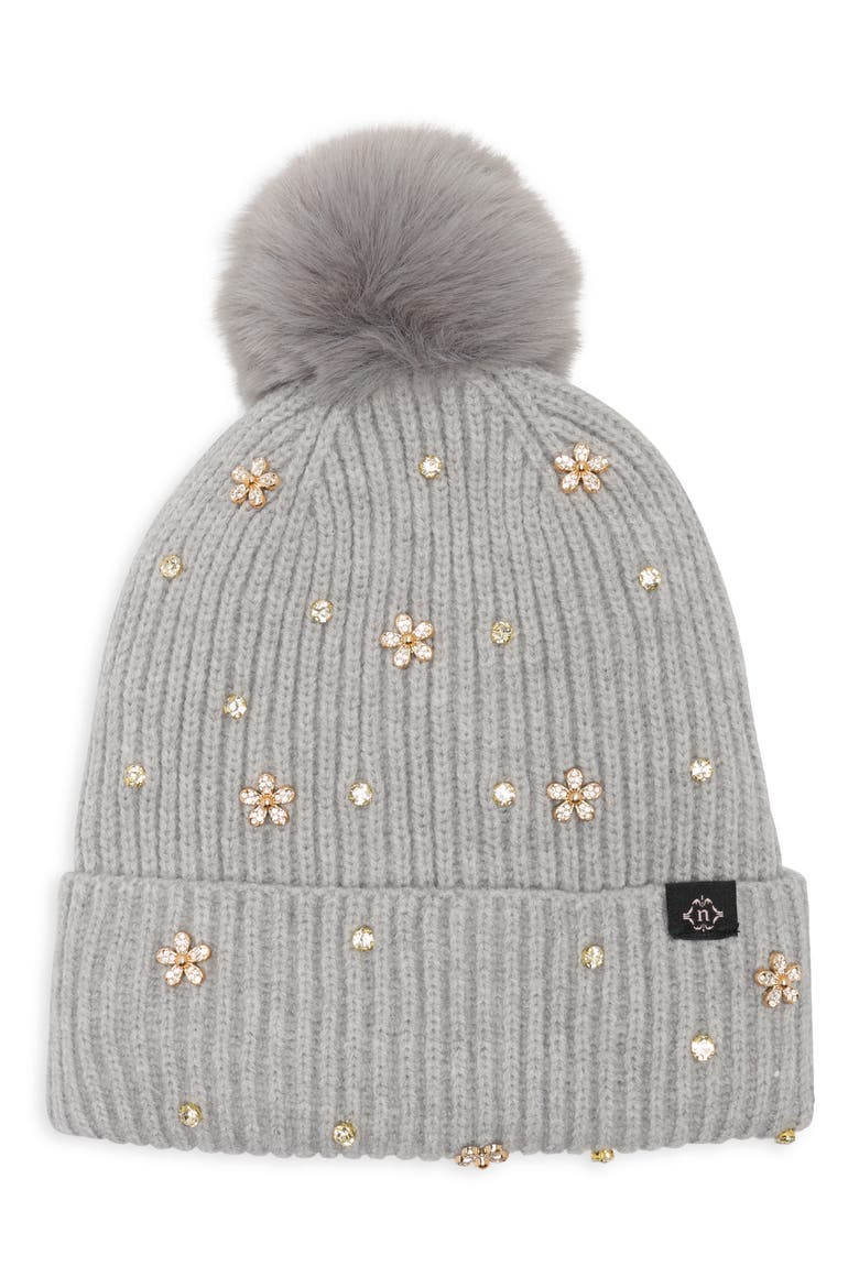 Studded Faux Fur Pom Beanie, Main, color, LT GREY