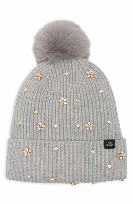 Studded Faux Fur Pom Beanie