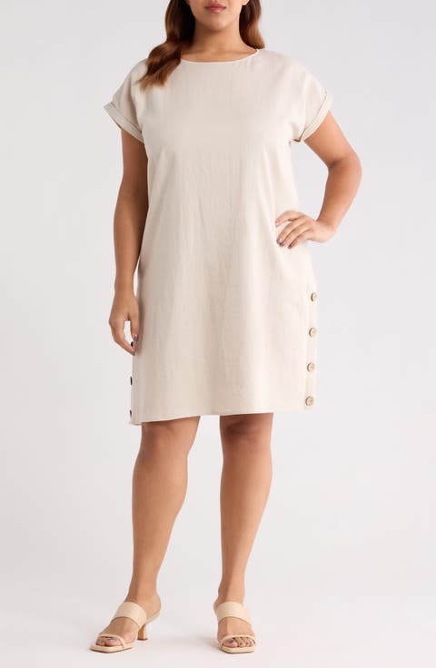 Side Button Short Sleeve Linen Blend Dress (Plus)