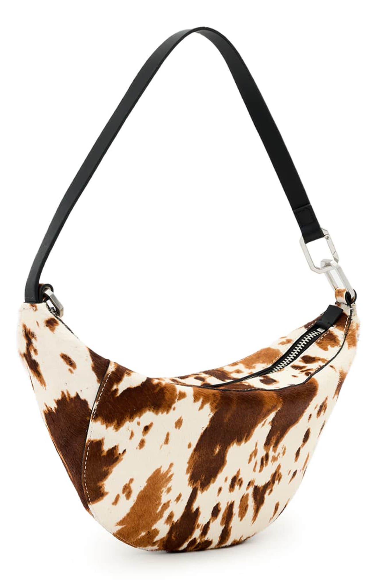 AllSaints Micro Luna Genuine Calf Hair Shoulder Bag, Alternate, color, Cow Print