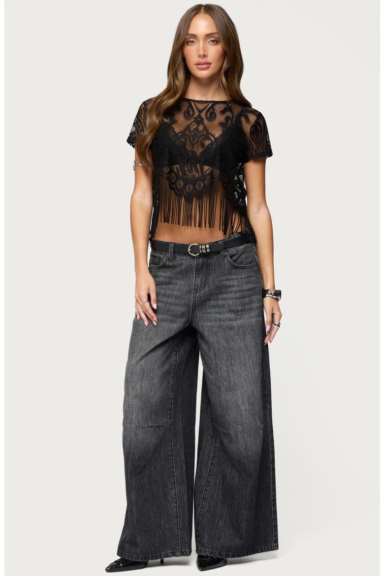 Kira Sheer Lace Fringe Trim Crop Top, Alternate, color, BLACK