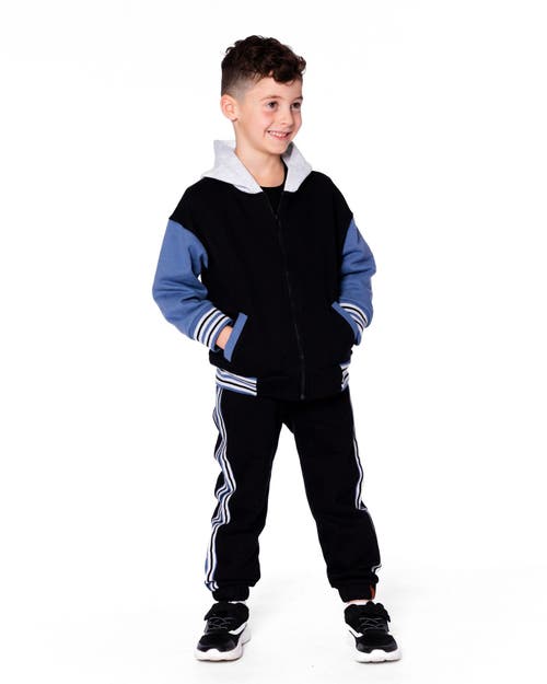 Deux Par Deux Full Zip Hooded Fleece Jacket Varsity In Black