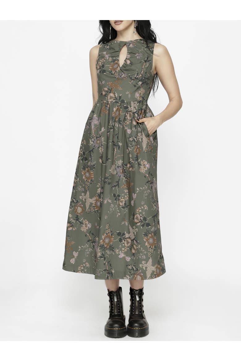 Poison Eden Print Cut Out Midi Dress, Main, color, Green