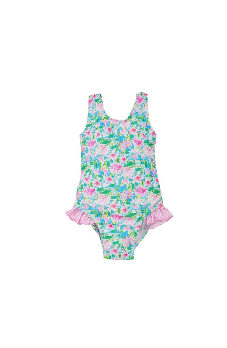 Flap Happy Infant & Toddlers Sun Protective UPF 50+ Delaney Hip Ruffle Swimsuit, Main, color, Lotus & Lillies