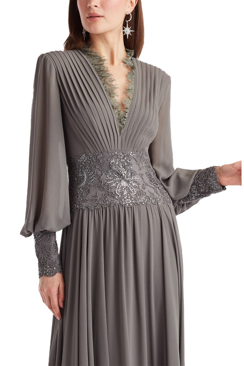 Sequin & Lace Pleated Long Sleeve Chiffon Gown, Alternate, color, MIST