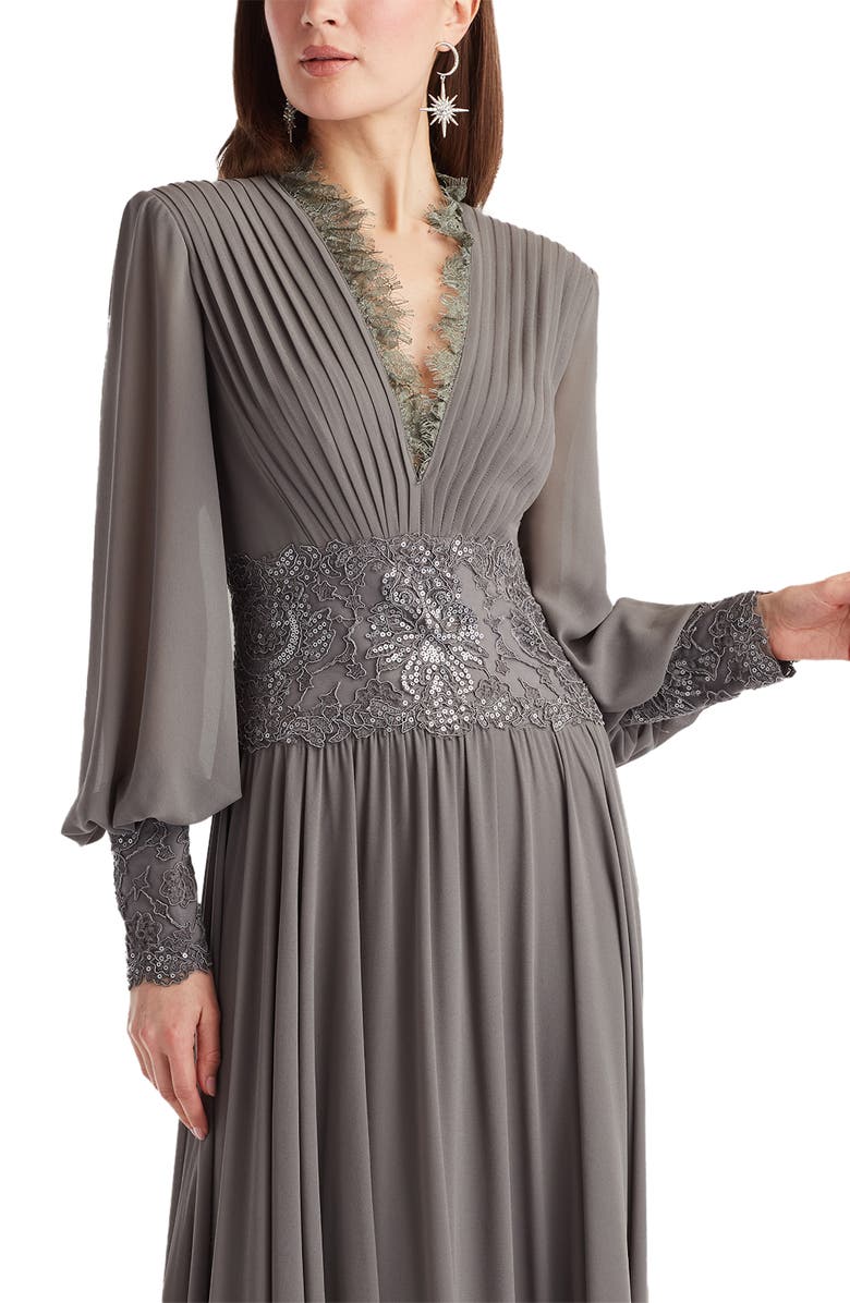 Tadashi Shoji Sequin Lace Detail Long Sleeve Chiffon Gown, Alternate, color, Mist