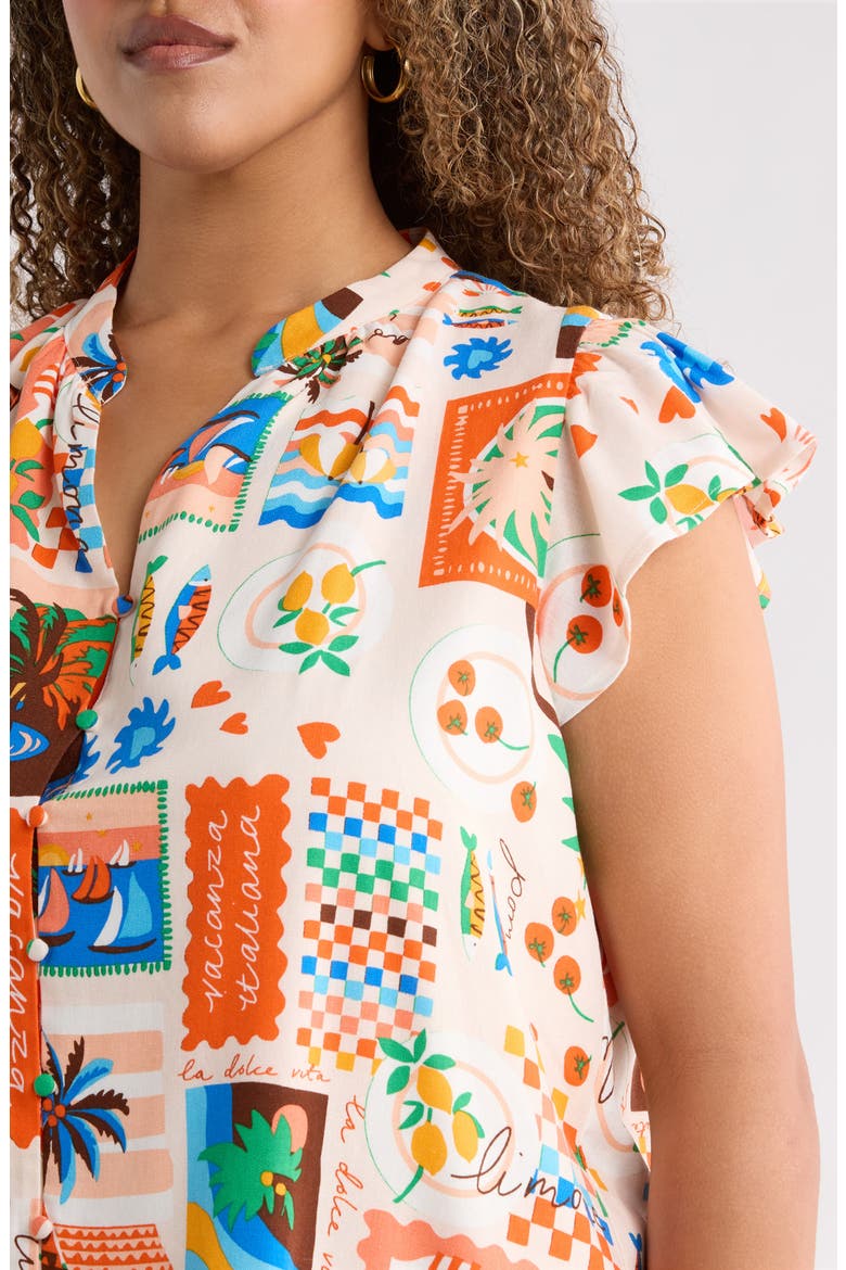 Palm Ruffle Split Neck Blouse, Alternate, color, CORAL-MULTI