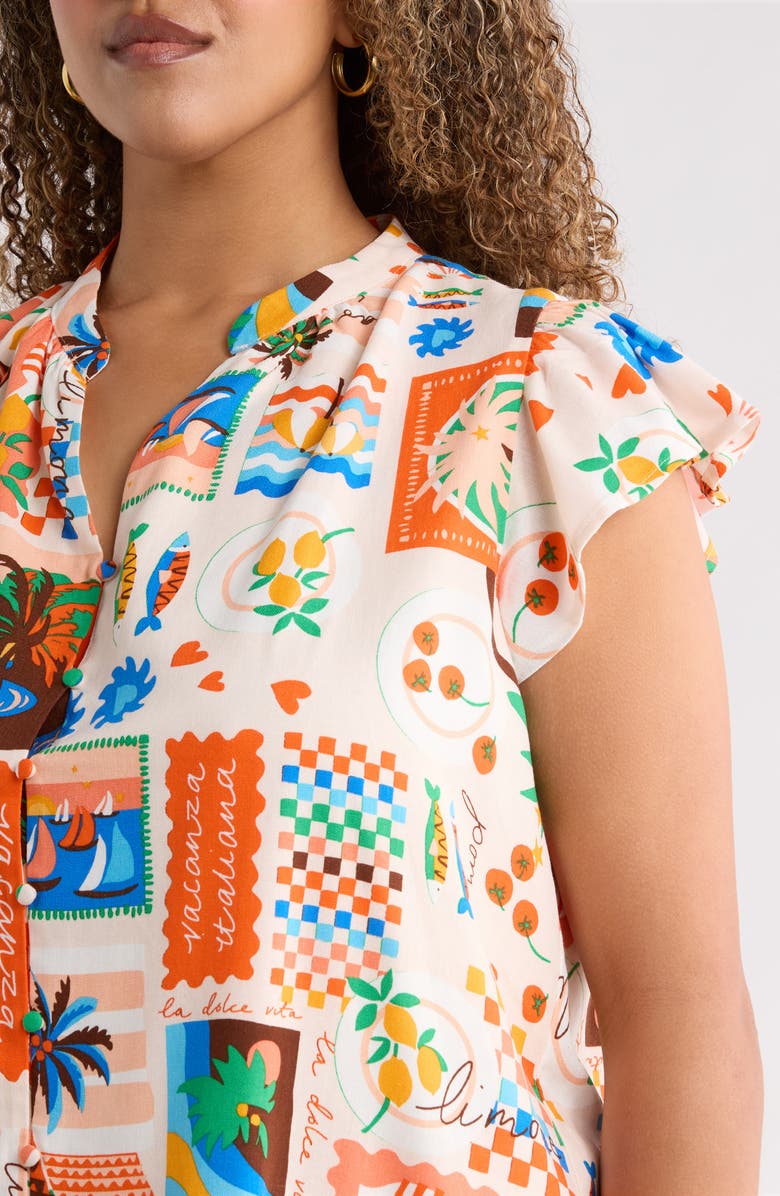 SUGARLIPS Palm Ruffle Split Neck Blouse, Alternate, color, Coral-Multi