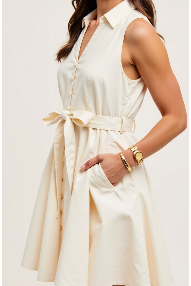 Sleeveless Button-Front Tie-Waist Shirt-Collar Fit-and-Flare Dress, Alternate, color, Ivory