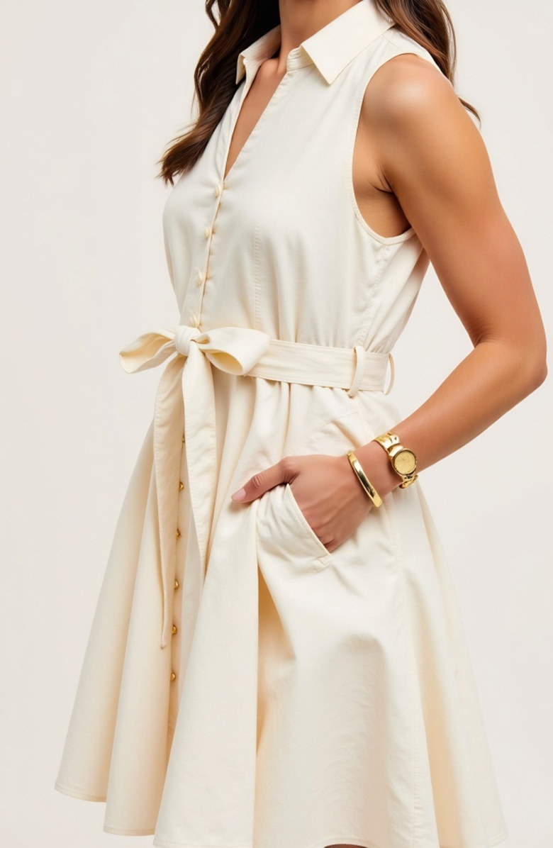 Modenaire Sleeveless Button-Front Tie-Waist Shirt-Collar Fit-and-Flare Dress, Alternate, color, Ivory