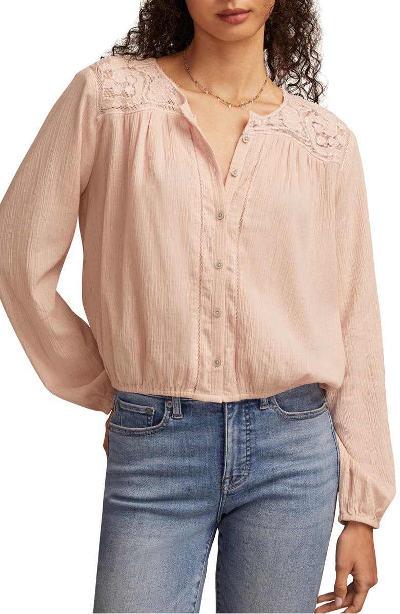 Lucky Brand Lace Inset Bubble Hem Cotton Button-Up Shirt, Main, color, Sepia Rose