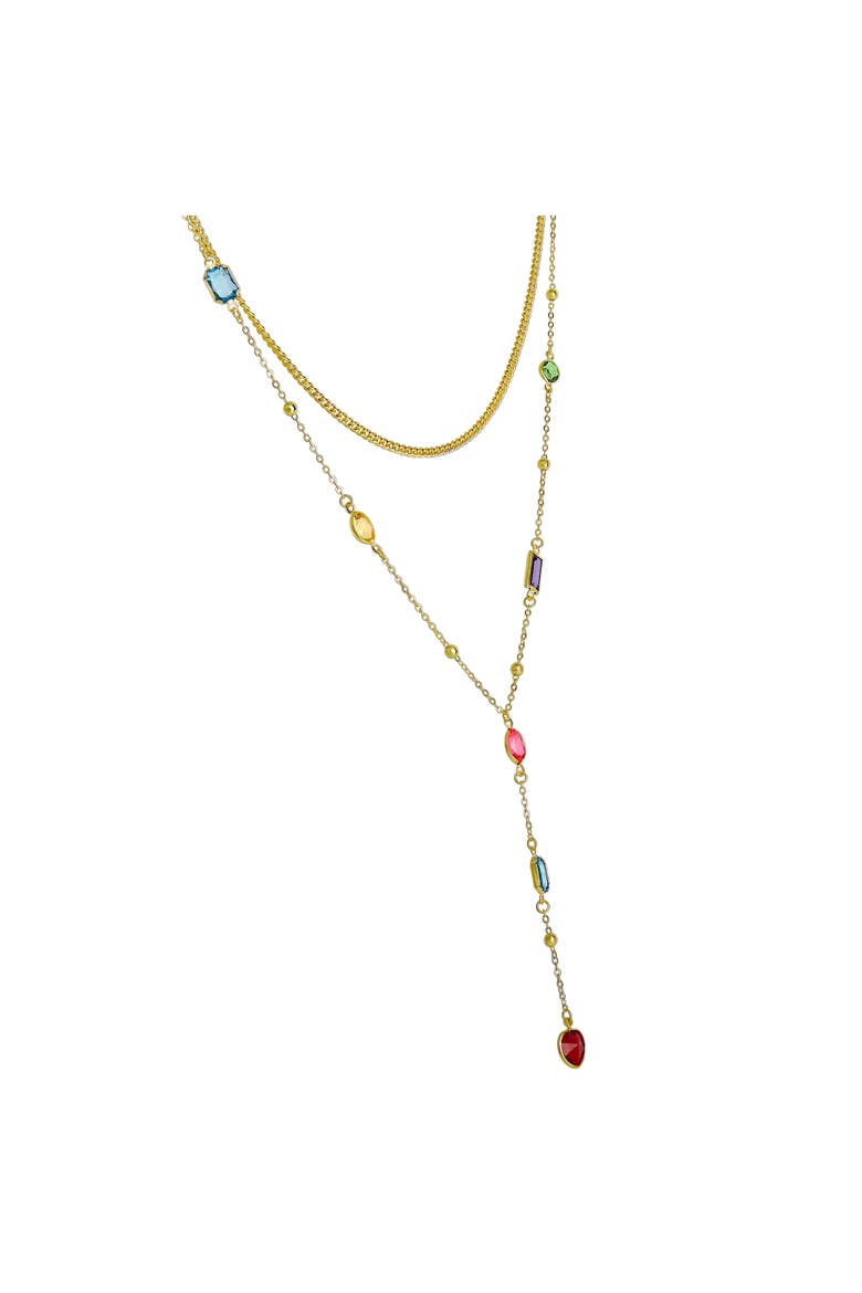 Gold-Tone Layered Necklace for Women with Multicolored Gems | Double Strand Necklace, Short Gold and Lariat Necklace, Gemstone Embellishments, Alternate, color, Gold-Tone