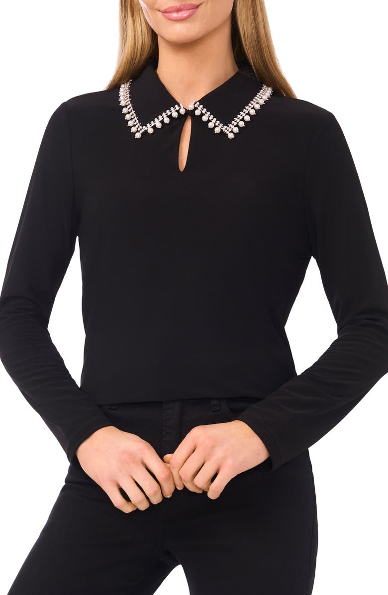 CeCe Faux Pearl & Rhinestone Detail Knit Top, Main, color, Rich Black
