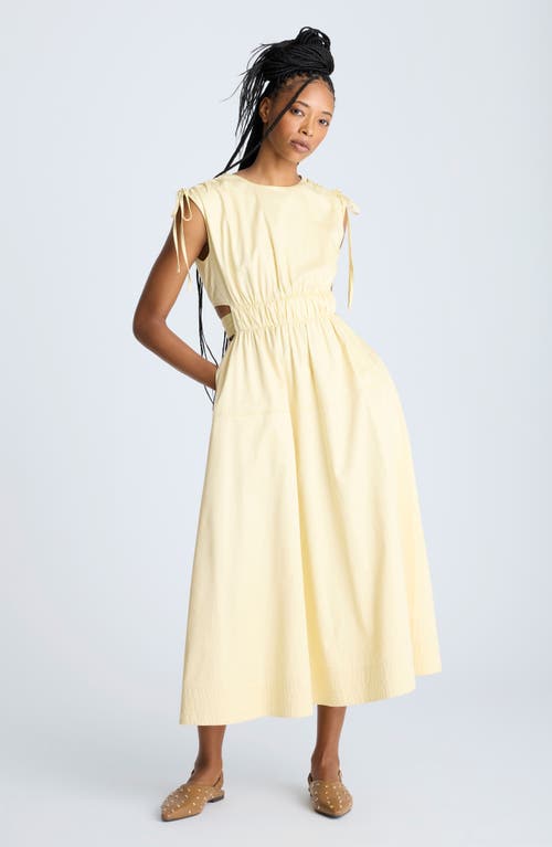 Kenneth Cole Cutout Detail Ruched Waist Stretch Cotton Midi Dress In Papyrus
