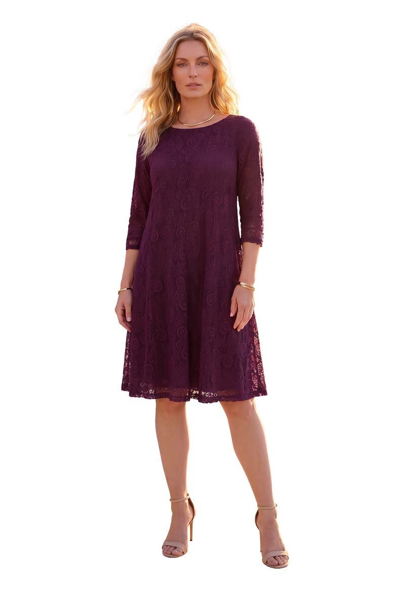 Plus Size 3/4 Sleeve Boatneck Lace Swing Dress, Main, color, DARK BERRY