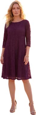 Roaman's Plus Size 3/4 Sleeve Boatneck Lace Swing Dress