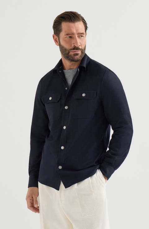 Virgin wool flannel overshirt with spread collar and chest pockets