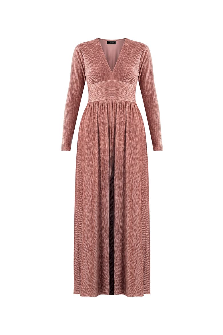 Long Velvet Pleated V-Neck Dress, Alternate, color, Dark Pink
