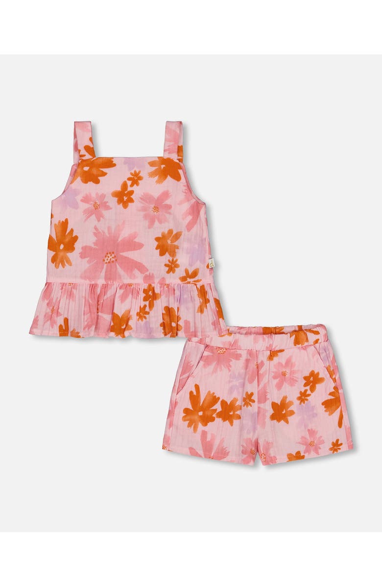 Deux par Deux Little Girl's Printed Tank Top And Short Muslin Set With Frills Pink And Coral Flowers, Main, color, Pink And Coral Flowers