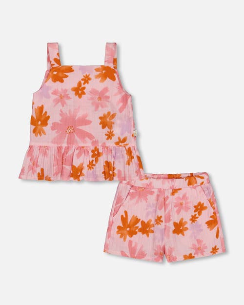 Deux Par Deux Girl's Printed Tank Top And Short Muslin Set With Frills Pink And Coral Flowers In Pink And Coral Flowers