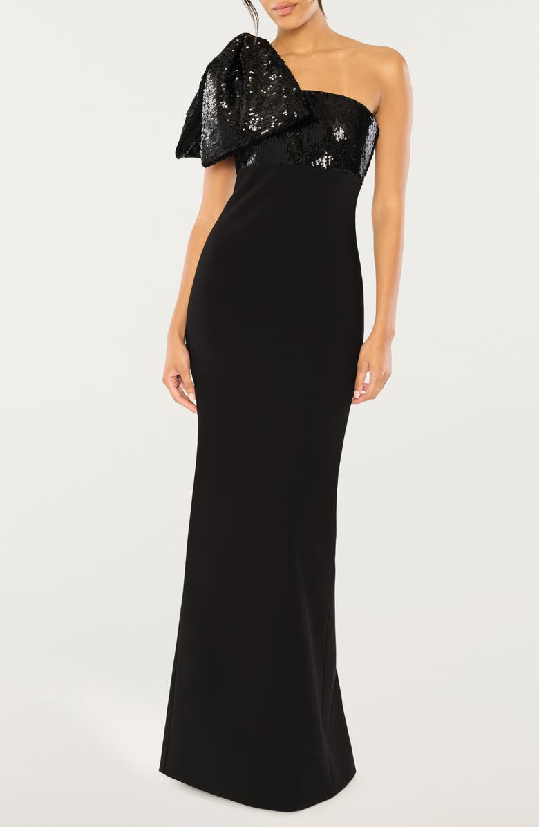 LIKELY Rora Sequin Bow Gown, Main, color, Black/ Black