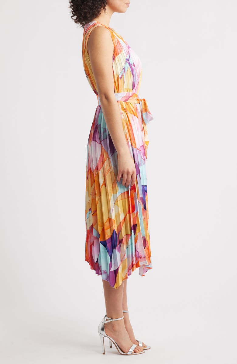 Tahari ASL Abstract Print Pleated Handkerchief Hem Midi Dress, Alternate, color, Orange Multi