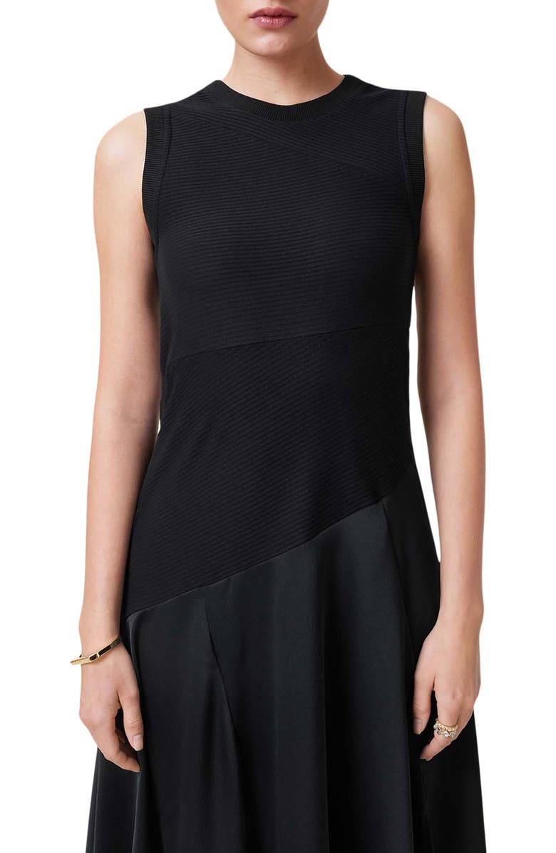 AllSaints Pia Sleeveless Mixed Media Asymmetric Dress, Alternate, color, Black