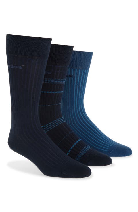 Assorted 3-Pack Ribbed Stripe & Solid Cotton Blend Dress Socks