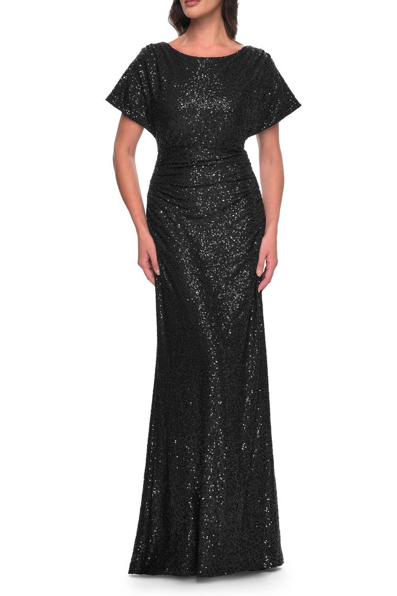 Sequin Stretch Evening Dress with High Neckline and Dolman Sleeves, Main, color, Black