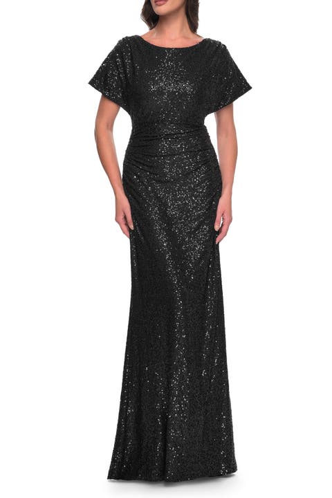 Sequin Stretch Evening Dress with High Neckline and Dolman Sleeves