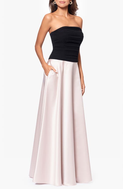 Xscape Evenings Mixed Media Strapless Ball Gown In Black/beige