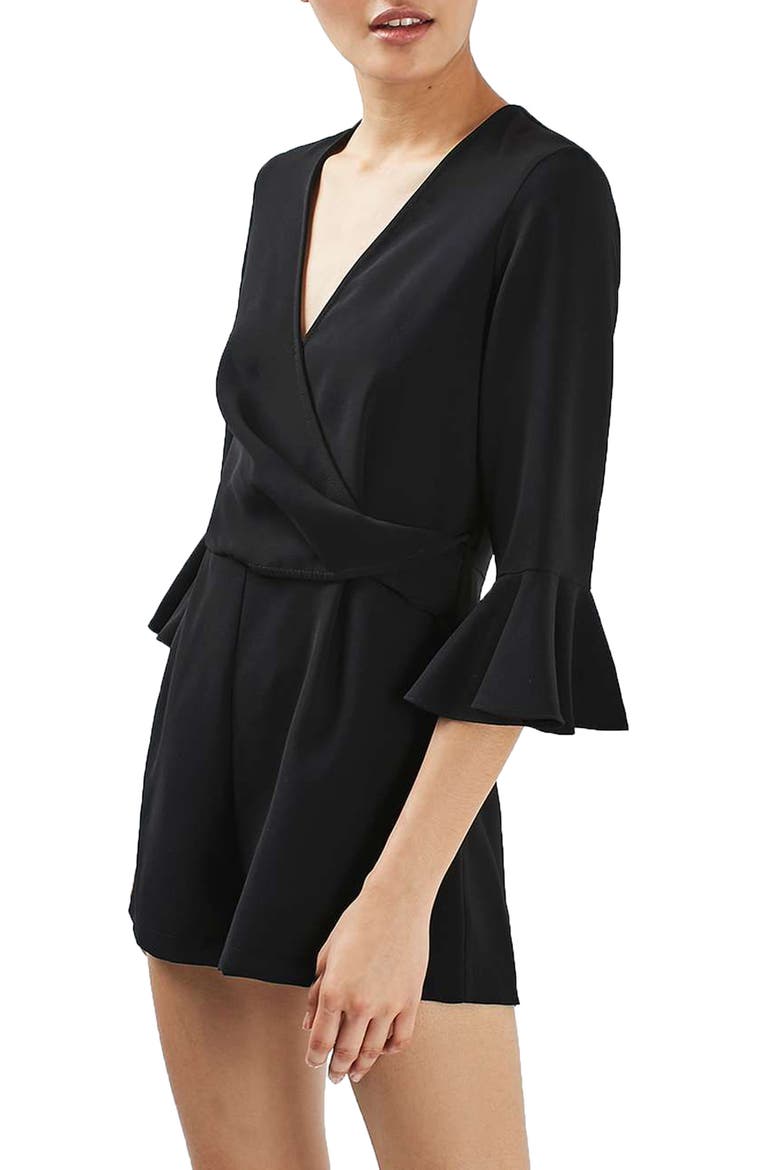 Dree Trumpet Sleeve Romper, Main, color, BLACK