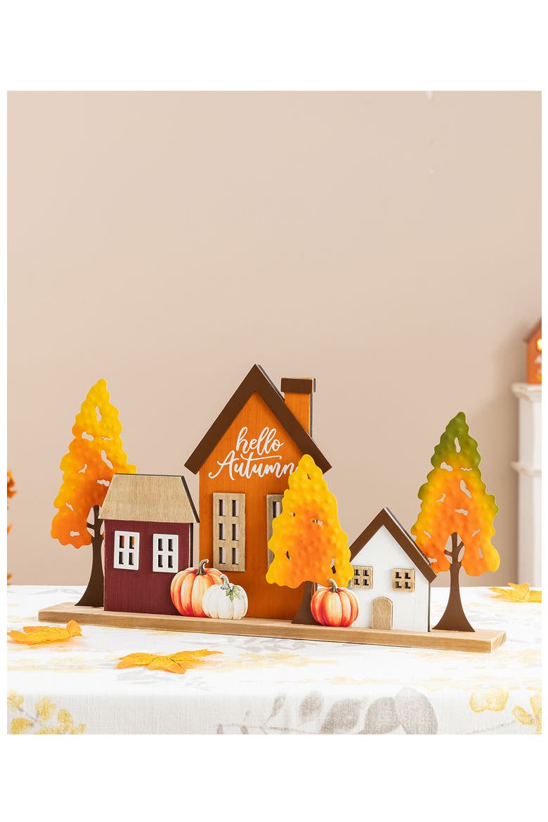 18"L Fall Metal & Wood Village Table Decor, Alternate, color, Orange