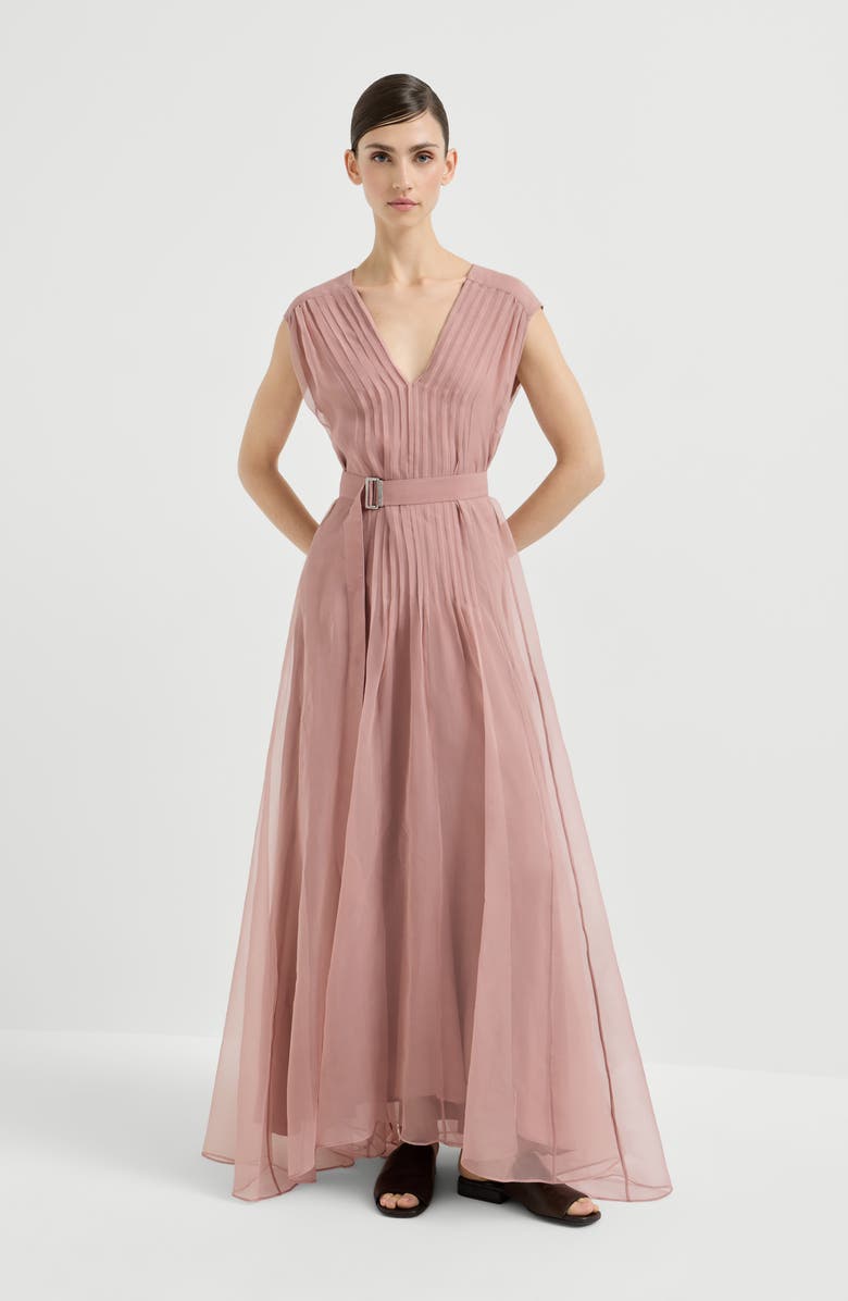 Brunello Cucinelli Crispy silk dress with monili, Alternate, color, Pink