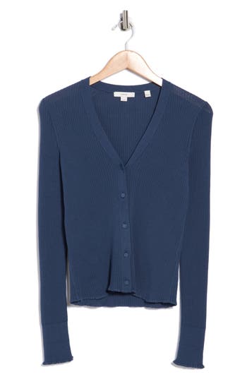 Vince Ribbed Button Front Cardigan In Blue
