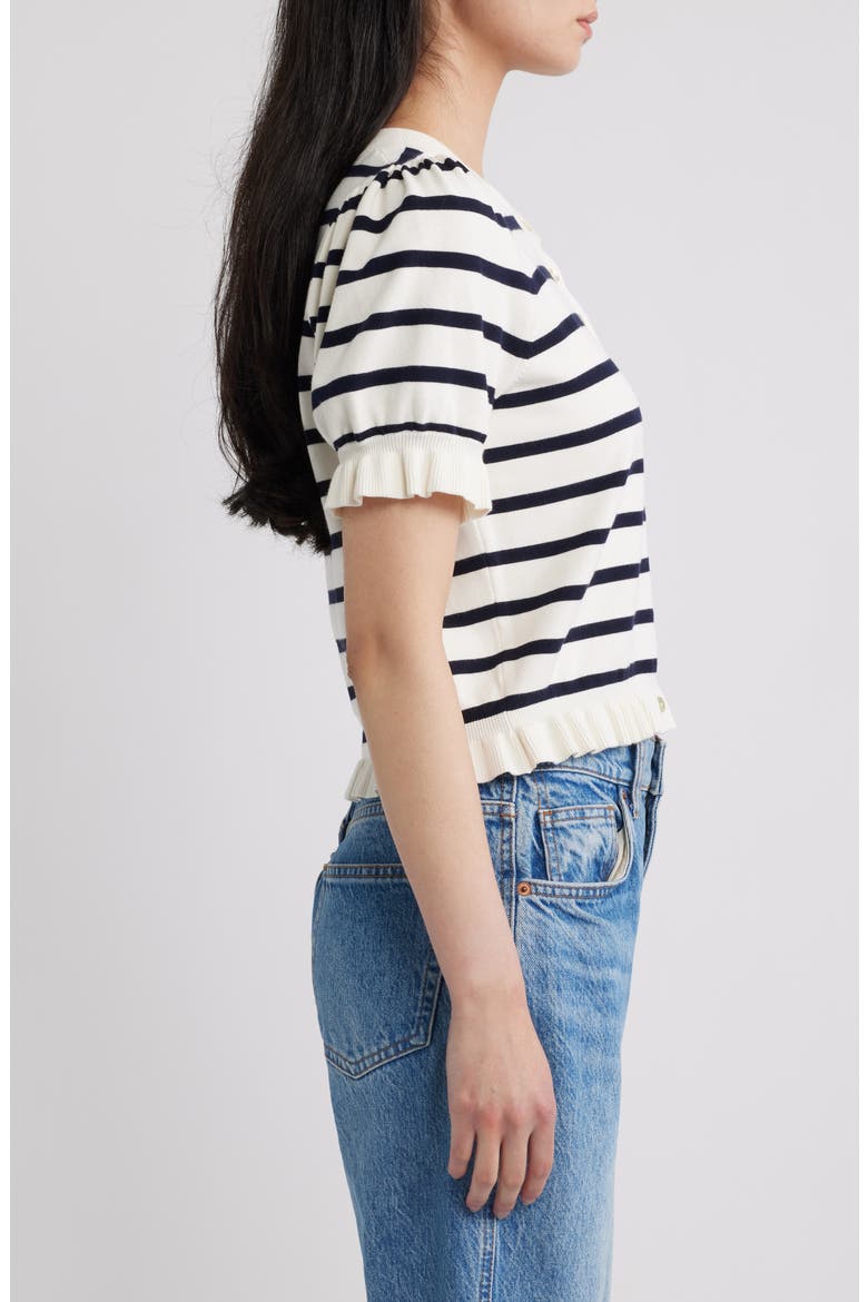 Lora Stripe Short Sleeve Cardigan, Alternate, color, IVORY NAVY STRIPE