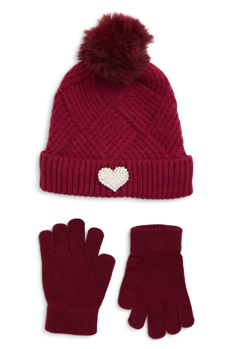 Kids' Basket Weave Beanie & Gloves Set, Main, color, BURGUNDY