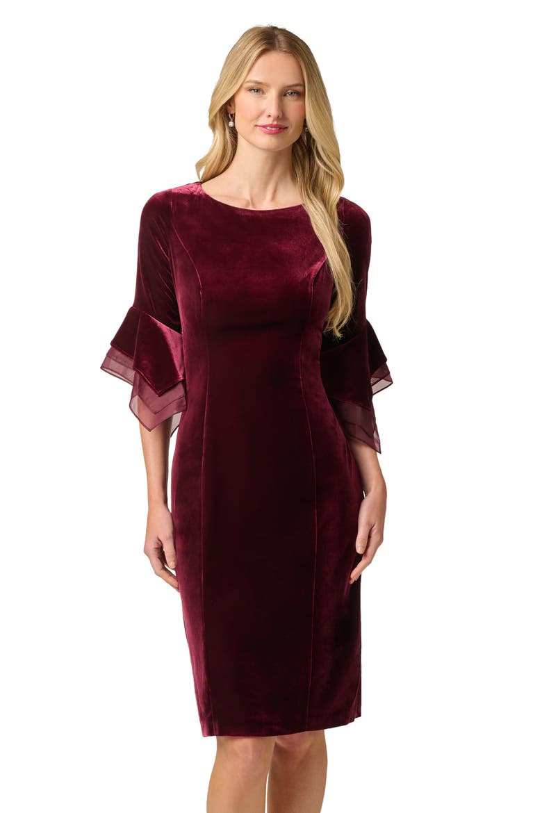 Velvet Bell Sleeve Sheath Dress, Alternate, color, BORDEAUX