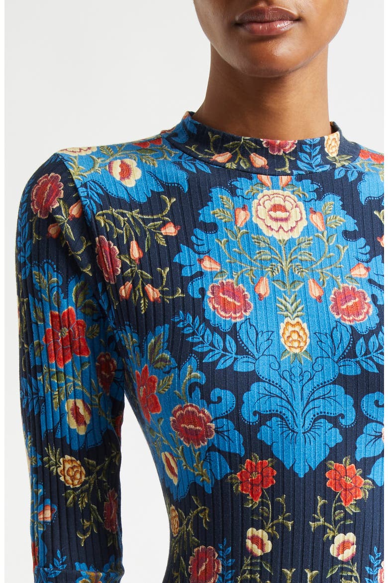 Arabesque Floral Mock Neck Cotton Rib Bodysuit, Alternate, color, ARABESQUE FLORAL BLUE