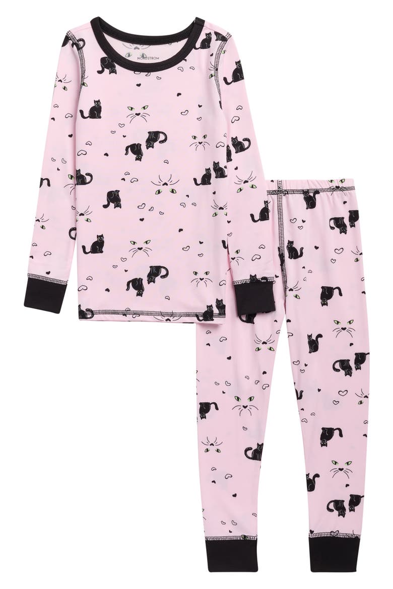 Kids' Glow in the Dark Fitted Two-Piece Pajamas, Main, color, PINK- BLACK CAT EYES