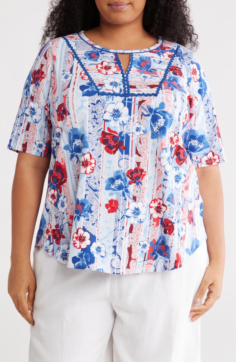 RUBY RD Floral Keyhole T-Shirt, Main, color, Red Multi