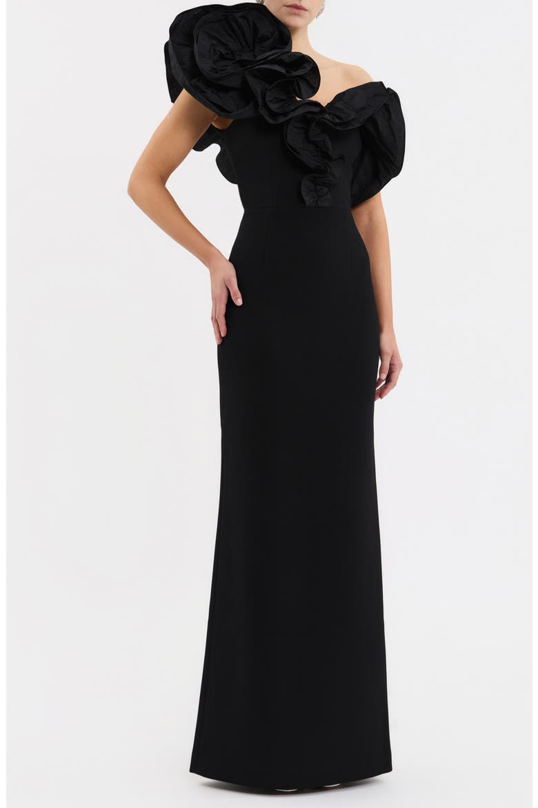 Ella Ruffle Neck Gown, Alternate, color, BLACK