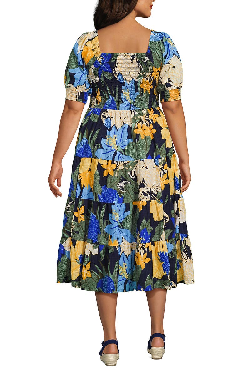Lands' End Plus Size Smocked Cotton Dobby Midi Puff Sleeve Dress, Alternate, color, 