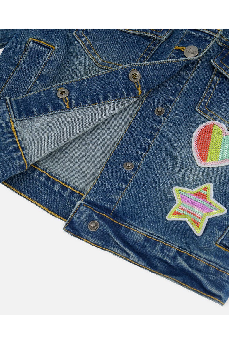 Little Girl's Denim Jacket With Embroidery Patch, Alternate, color, Navy Denim